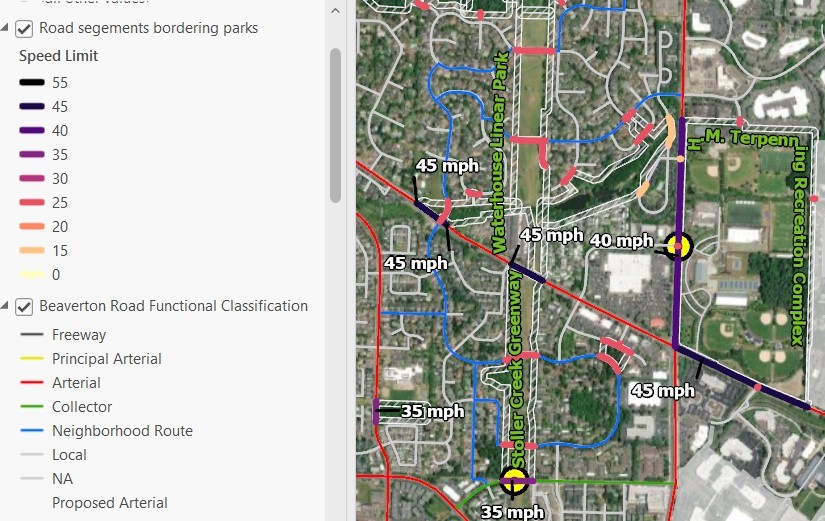 GIS image of Beaverton parks and bordering road segments
