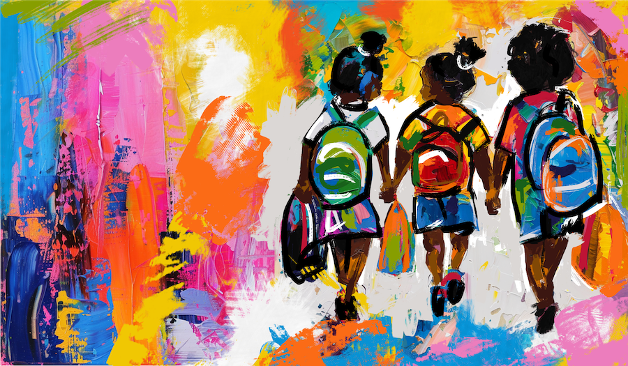 Colorful and bright painting depicting three small Black children with their backpacks walking away from the camera.